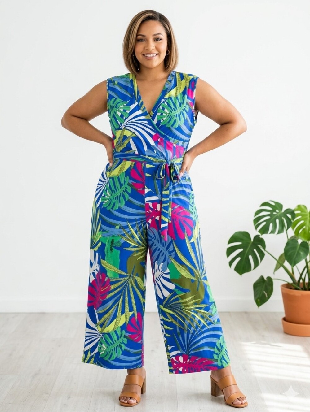 Mlle Gabrielle Tropical Monstera Jumpsuit Plus Size 3X Wide Leg Faux Wrap